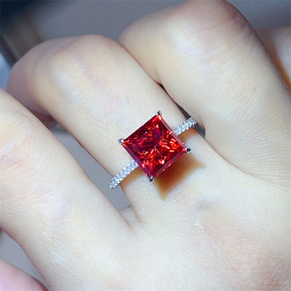 Red Princess Cut Moissanite Ring for Women, Pave Band Engagement Ring, 1 Carat 2 Carat 3 Carat 5 Carat