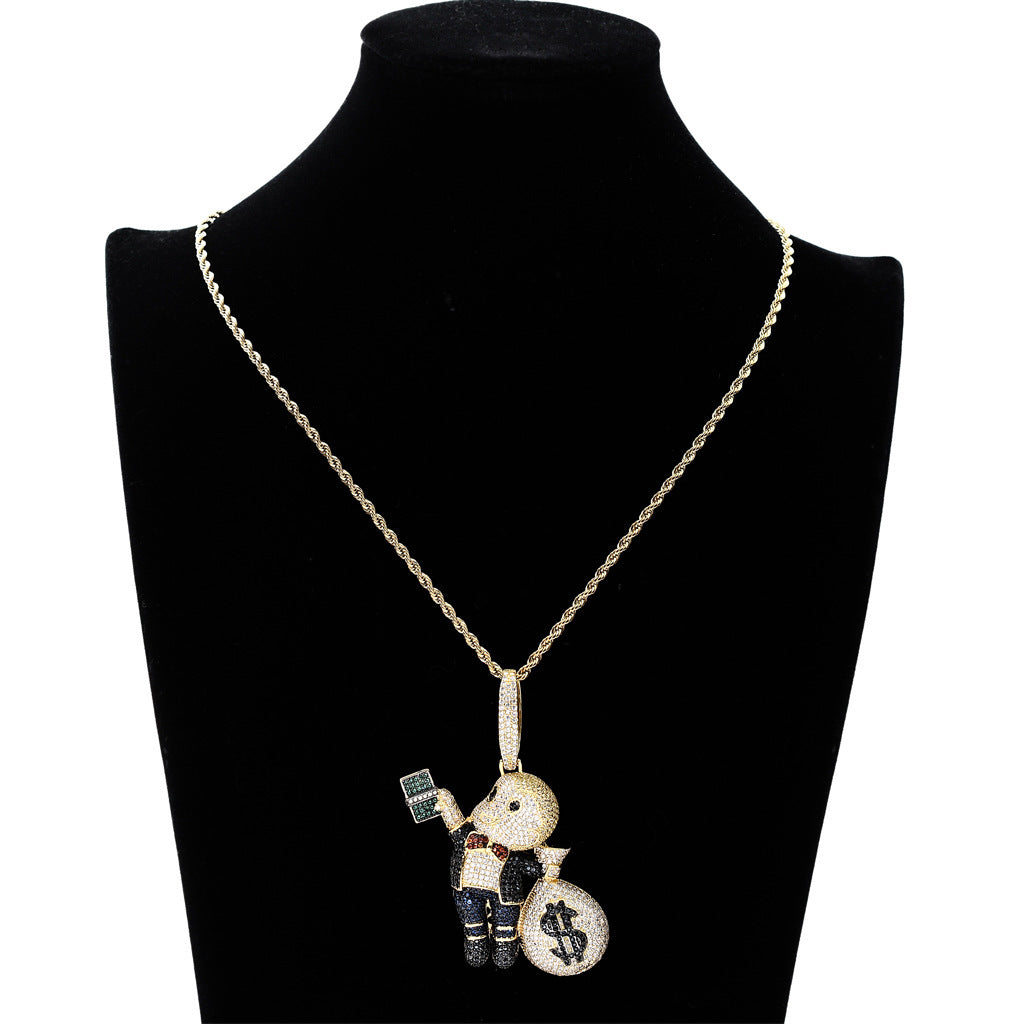 Hip Hop Dollar Money Bag Cubic Zirconia Pendant Necklace for Men and Women