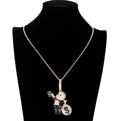 Hip Hop Dollar Money Bag Cubic Zirconia Pendant Necklace for Men and Women