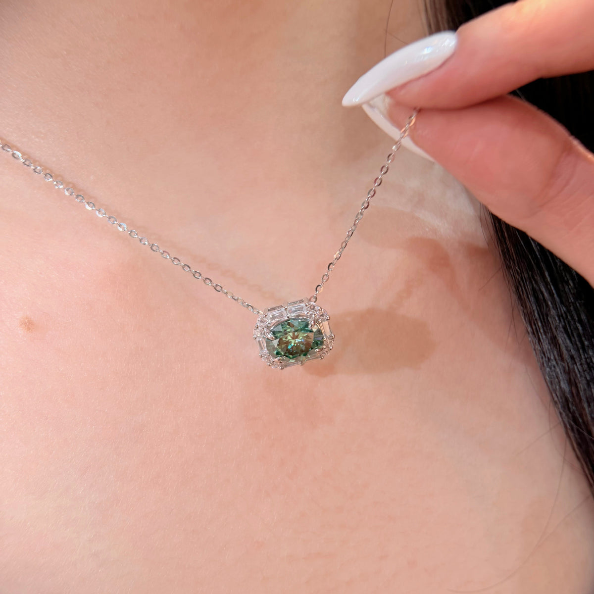 2 Carat Moissanite Pendant Necklace, S925 Silver Snake Chain Halo Pendant, Clear Green Blue product image