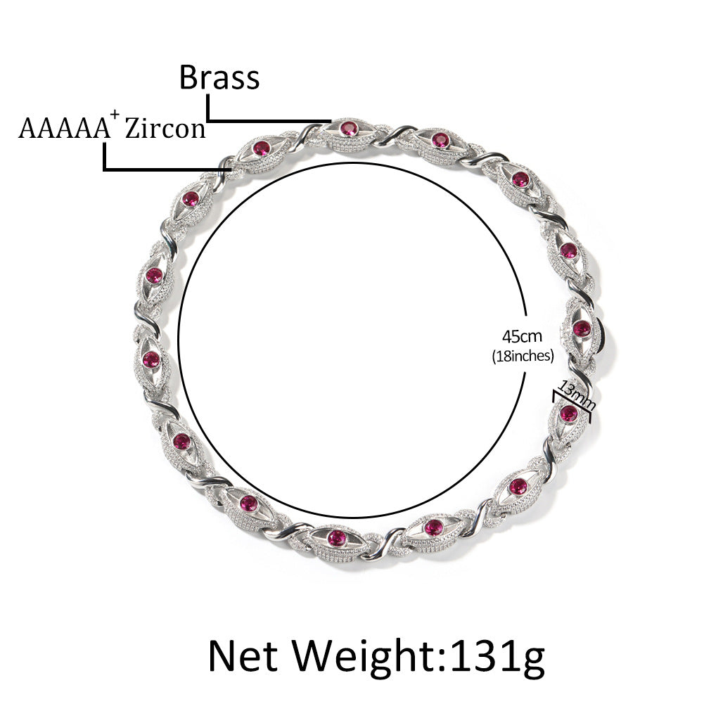 Iced Evil Eye Cuban Link Necklace Bracelet for Women & Men, Silver Tone Copper Chain with Red Cubic Zirconia