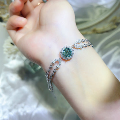 Moissanite Double Layer Bracelet for Women, U Shape Tennis Bracelet with 2 Carat Colored Center Stone