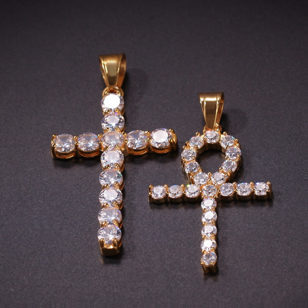 Gold Plated Stainless Steel Cross Pendant Necklace with Crystal Cuban Chain for Women
