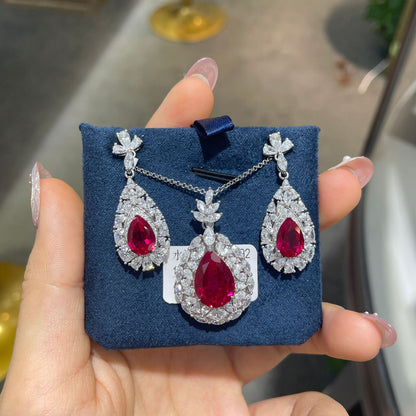 Red Teardrop Crystal Necklace and Earrings Set for Women, Evening Look