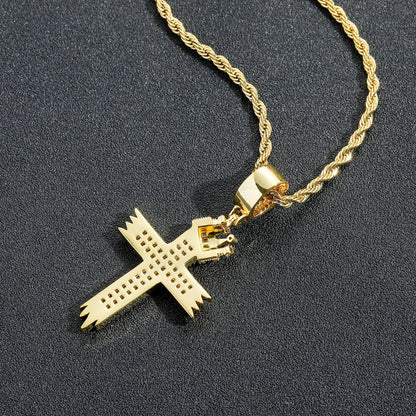 Hip Hop Vintage Cross Crown Copper Pendant Necklace for Men and Women