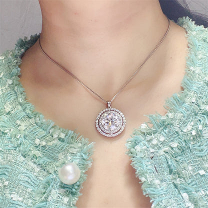 10 Carat Moissanite Double Halo Round Pendant Necklace in Silver Tone