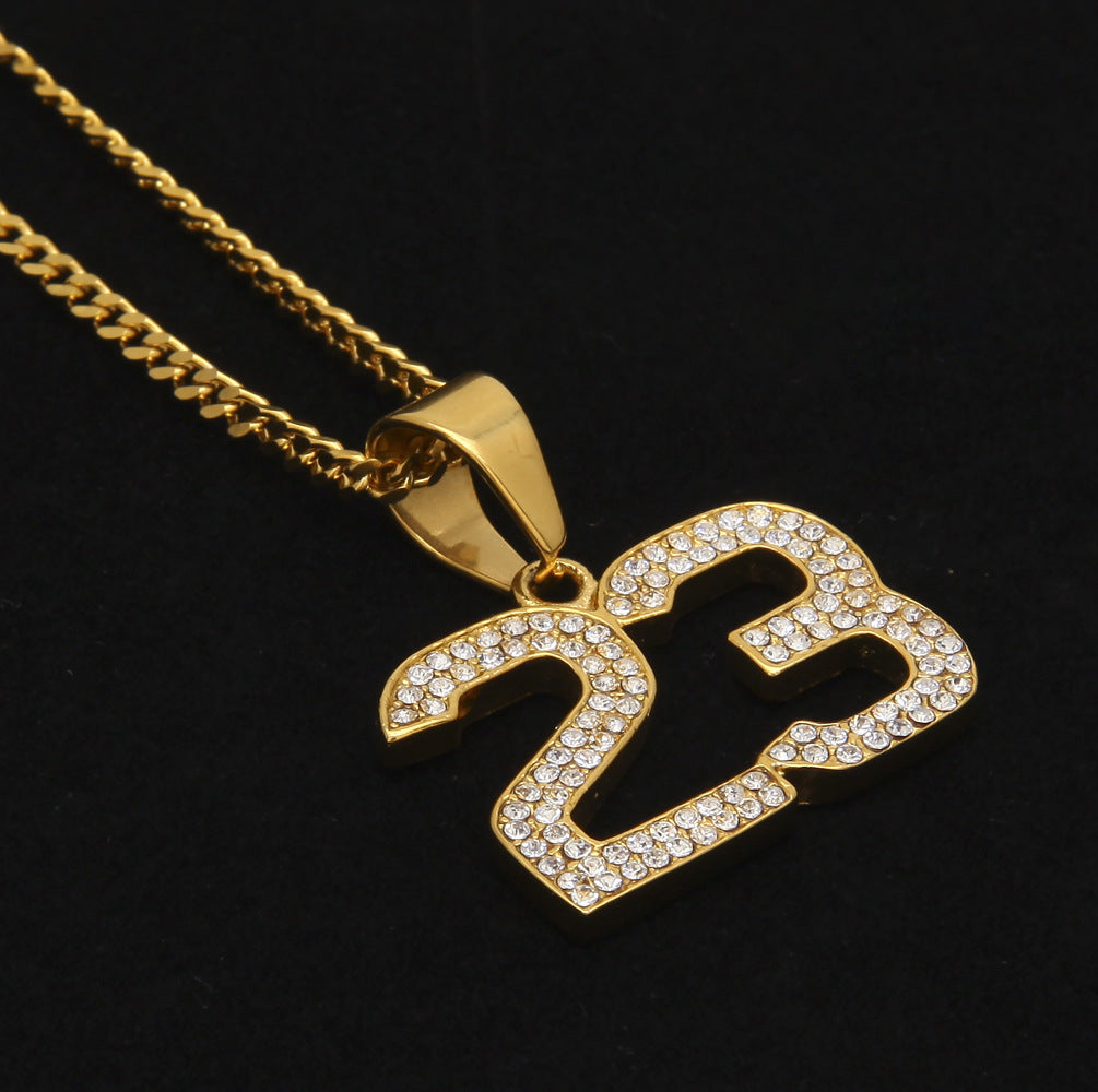 Iced Number 23 Pendant Necklace with 3mm Cuban Chain - Stainless Steel Gold or Silver Hip Hop Statement Necklace for Women and Men