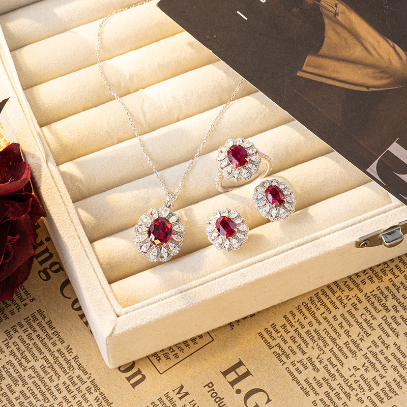 Lab-Created Ruby Halo Ring Set with Matching Necklace and Earrings product image