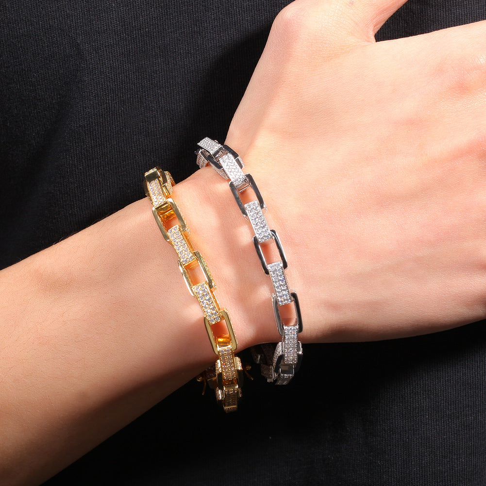 Gold Plated Cuban Link Chain Necklace & Bracelet with Cubic Zirconia Rectangle Links for Women and Men product image