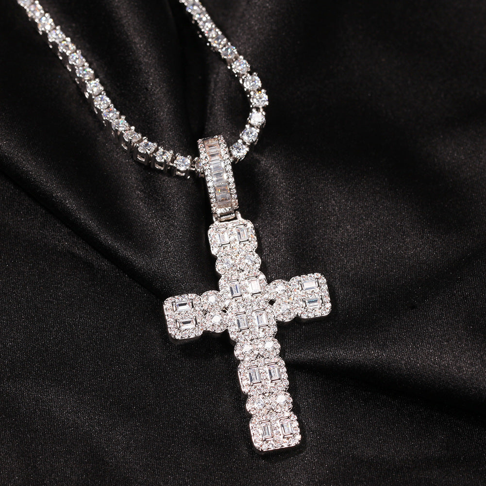 Iced Out Cross Pendant Necklace with Cubic Zirconia Twisted Chain for Women and Men
