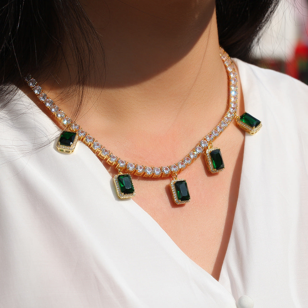 Unisex Hip Hop Golden Tennis Chain Necklace with Emerald-Cut Zircon Pendant, Custom 16/18 Inch Copper Statement Jewelry