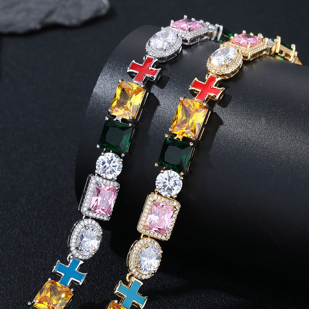 Colorful Cross Pendant Chain Necklace and Bracelet, 10mm Geometric Cubic Zirconia Jewelry Set product image