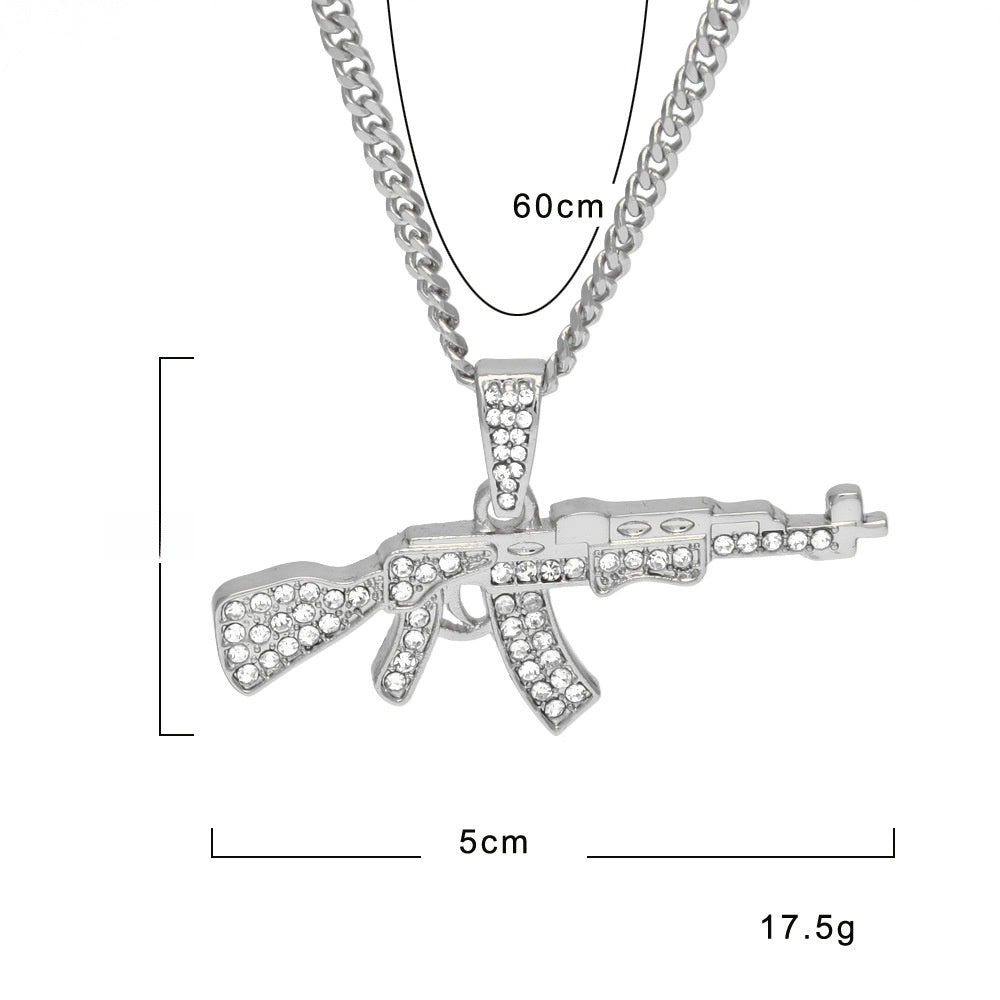 Rhinestone Rifle Pendant Necklace with 3mm Cuban Chain – Gold Plated or Silver Plated Hip Hop Statement Jewelry product image