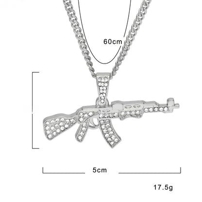 Rhinestone Rifle Pendant Necklace with 3mm Cuban Chain – Gold Plated or Silver Plated Hip Hop Statement Jewelry