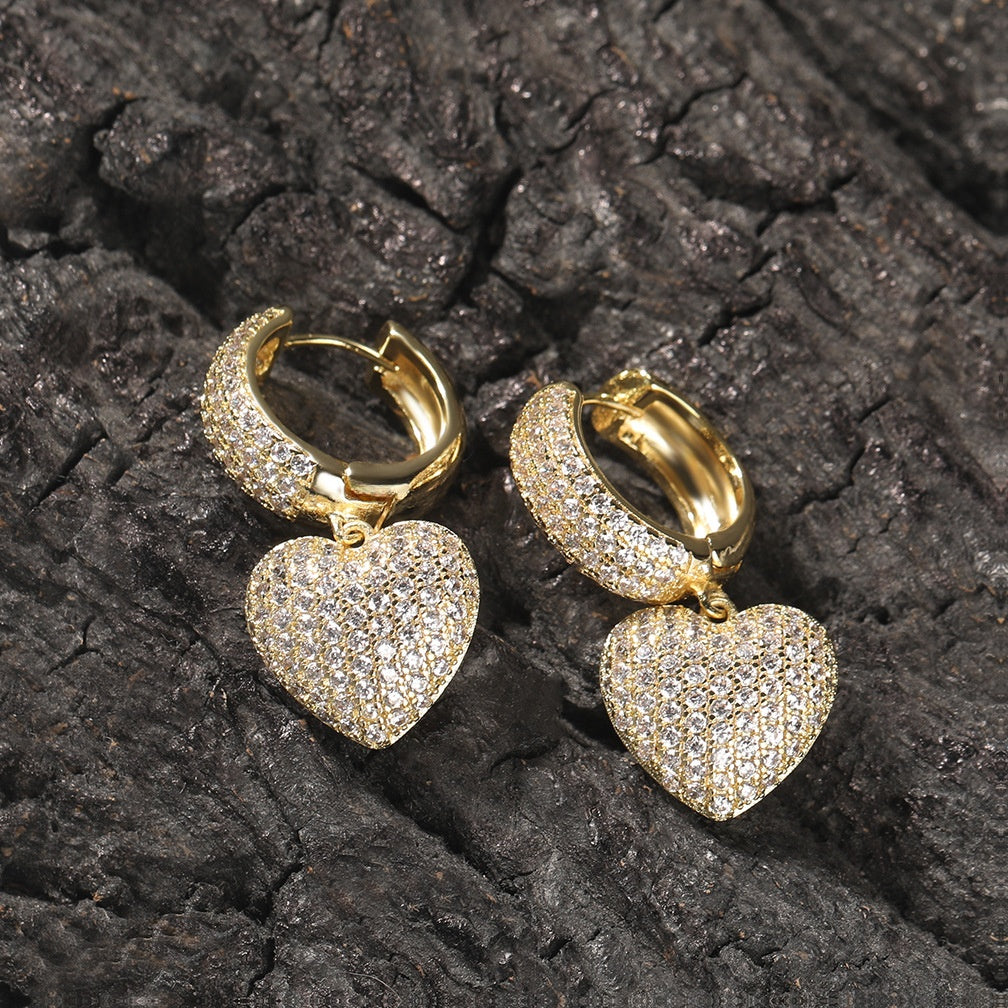 Unisex Heart Drop Earrings with Cubic Zirconia in Gold, Silver & Rose Gold