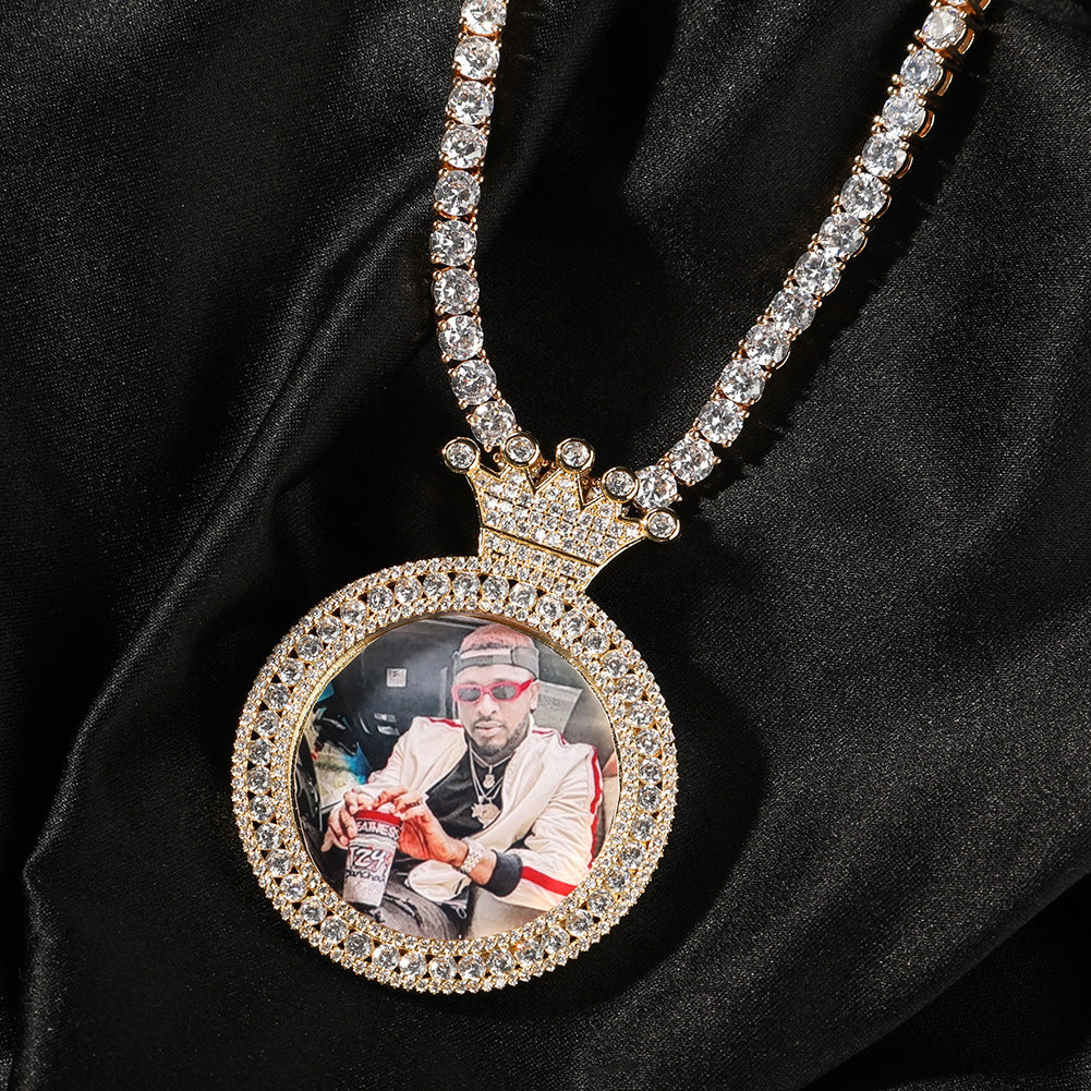 Custom Crown Round Photo Pendant Necklace with Cubic Zirconia Twisted Chain for Women