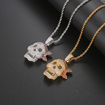 Iced Out Pirate Skull Pendant Necklace for Men - Hip Hop Cubic Zirconia Rope Chain Statement Jewelry