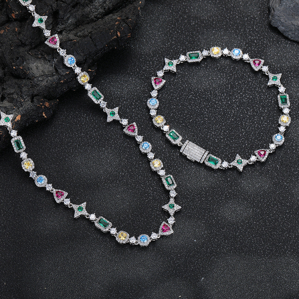 Colorful Cubic Zirconia Geometric Link Chain Necklace, Unisex Hip Hop Style, Copper product image