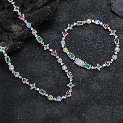 Colorful Cubic Zirconia Geometric Link Chain Necklace, Unisex Hip Hop Style, Copper