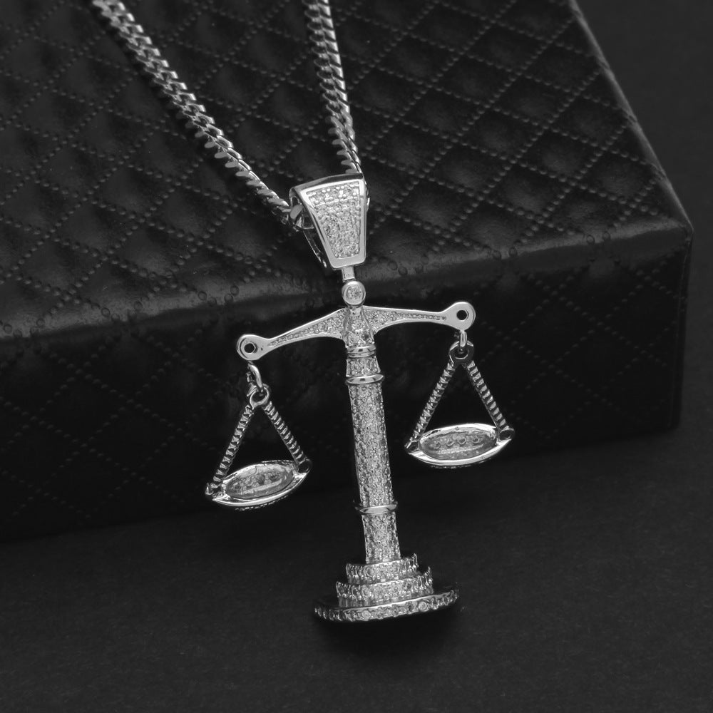 Libra Scales Pendant Necklace with Cuban Chain - Gold, Silver or Two-Tone Cubic Zirconia Statement Necklace for Women & Men product image