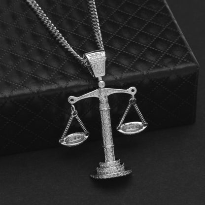 Libra Scales Pendant Necklace with Cuban Chain - Gold, Silver or Two-Tone Cubic Zirconia Statement Necklace for Women & Men