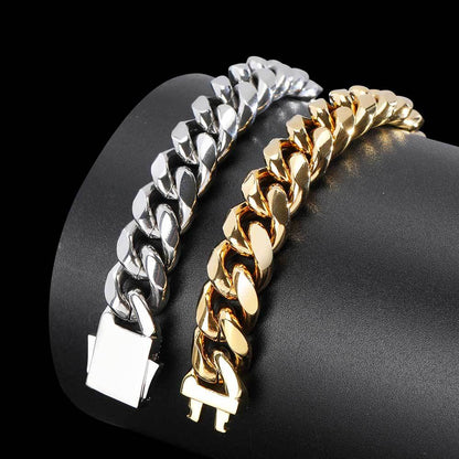 10-12 mm Polished Cuban with Stone-Accent Clasp Hip Hop Bracelet with Stainless steel Base - CHA024