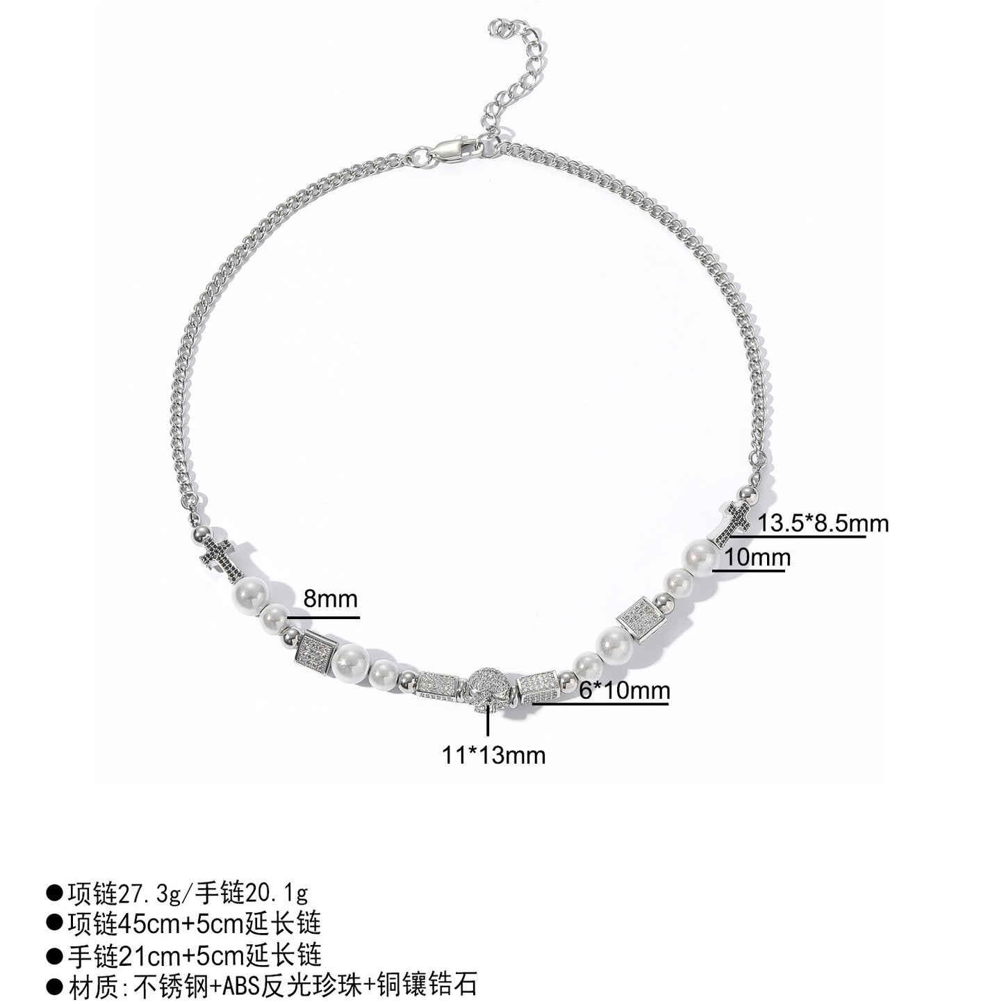 Hip Hop Vintage Cross Skull Pearl Bracelet for Men