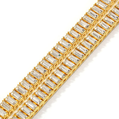 Gold Plated Baguette Crystal Chain Necklace Bracelet Set for Women and Men