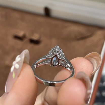 925 Silver Blue Teardrop Halo Ring for Women, Split Shank Promise Ring