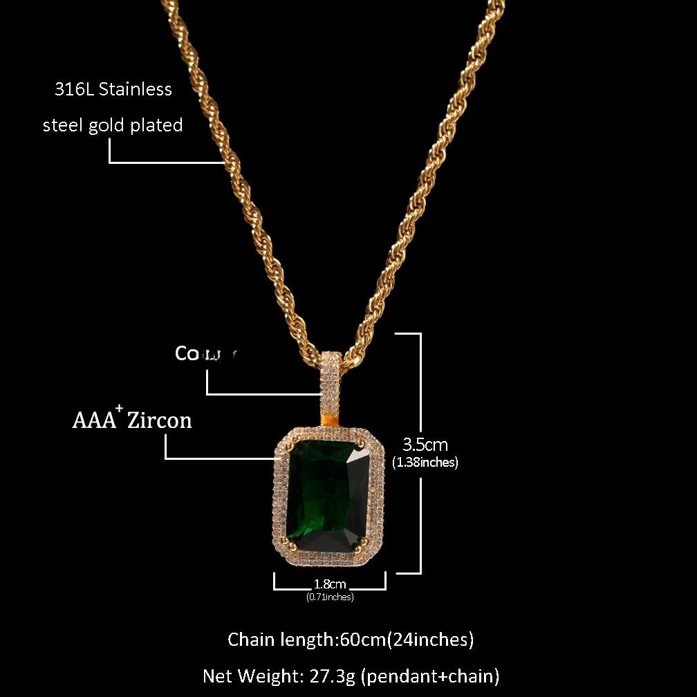 Men’s Rectangular Crystal Pendant Necklace with Cubic Zirconia Halo Stainless Steel Twist Chain product image