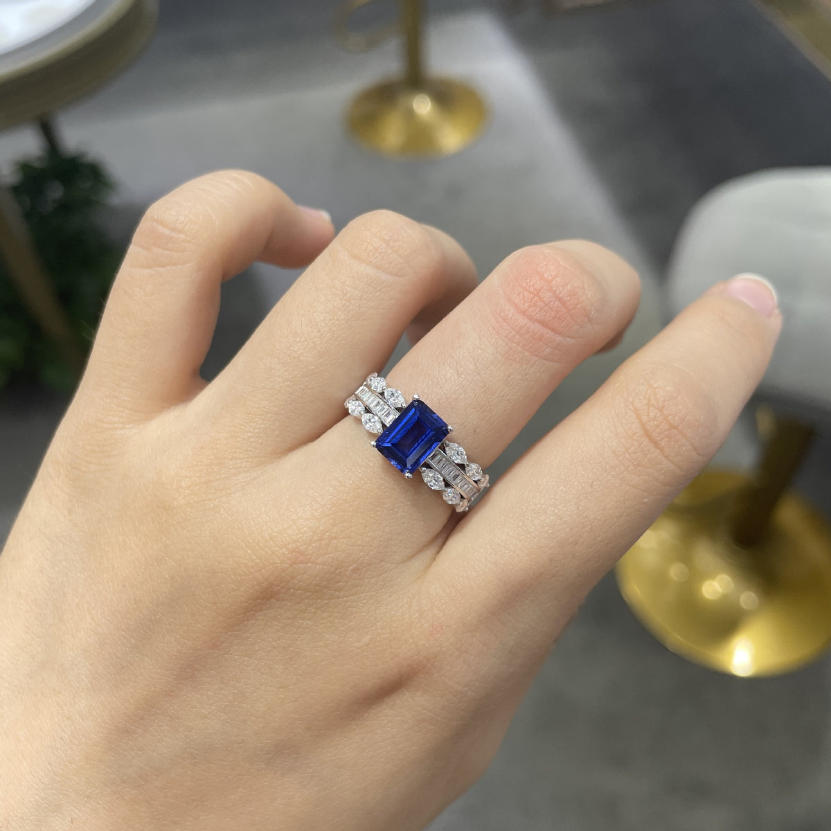 18K Gold Plated Colored Stone Ring for Women, S925 Silver Halo Ring with Rectangular Lab-Grown Center Stone product image