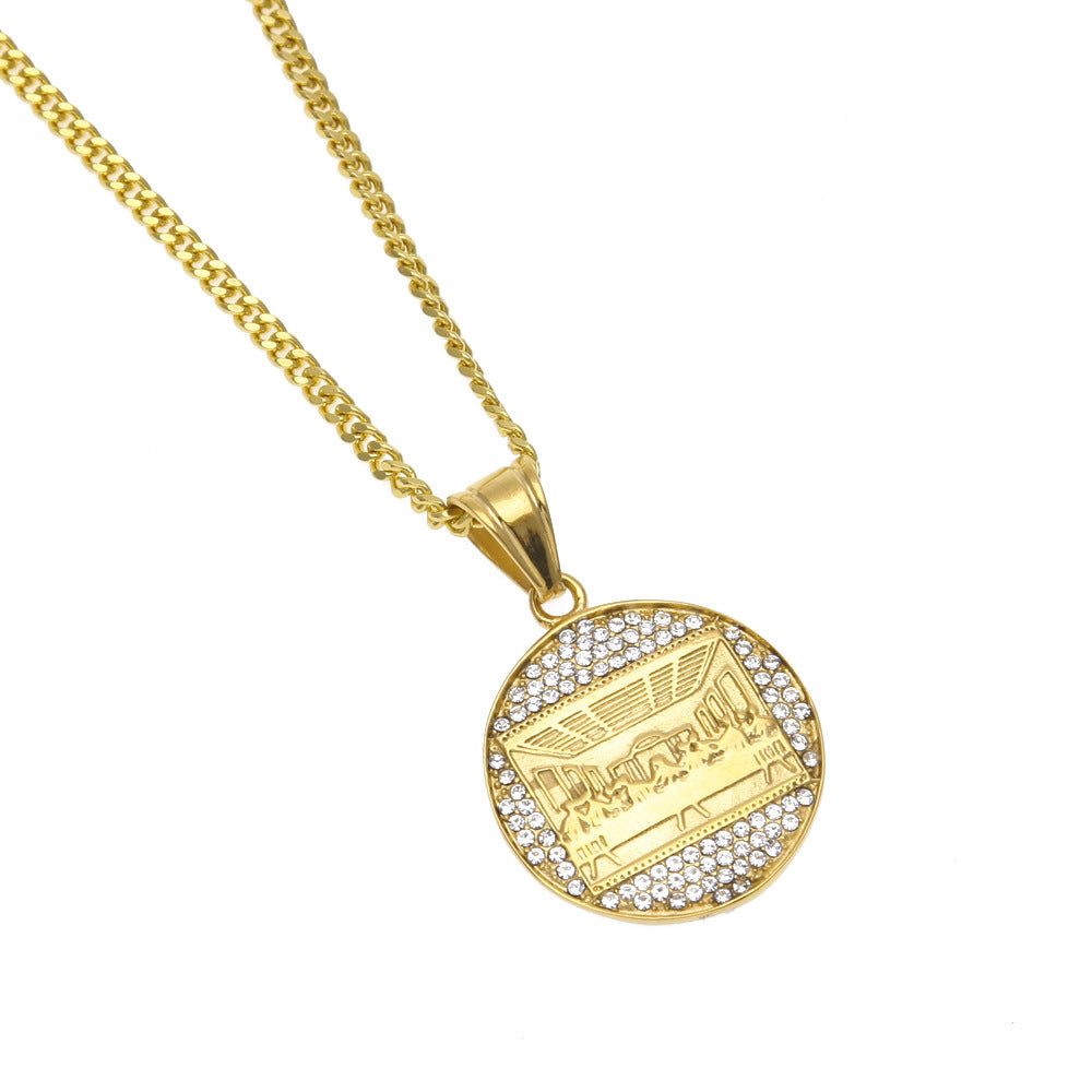 Gold Plated Round Pendant Necklace with Crystal Accent Border and 3mm Cuban Chain product image