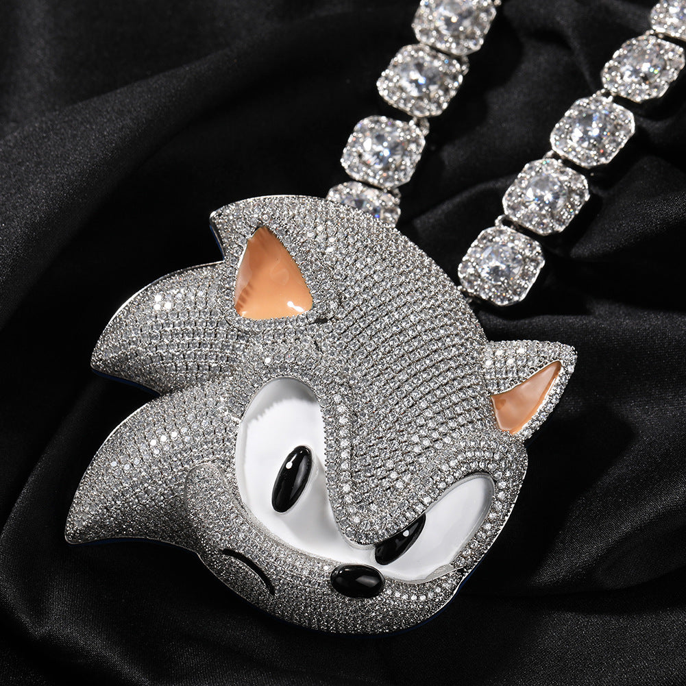 Iced Cartoon Hedgehog Pendant Necklace for Women - Silver Tone Hip Hop Statement Chain with Cubic Zirconia
