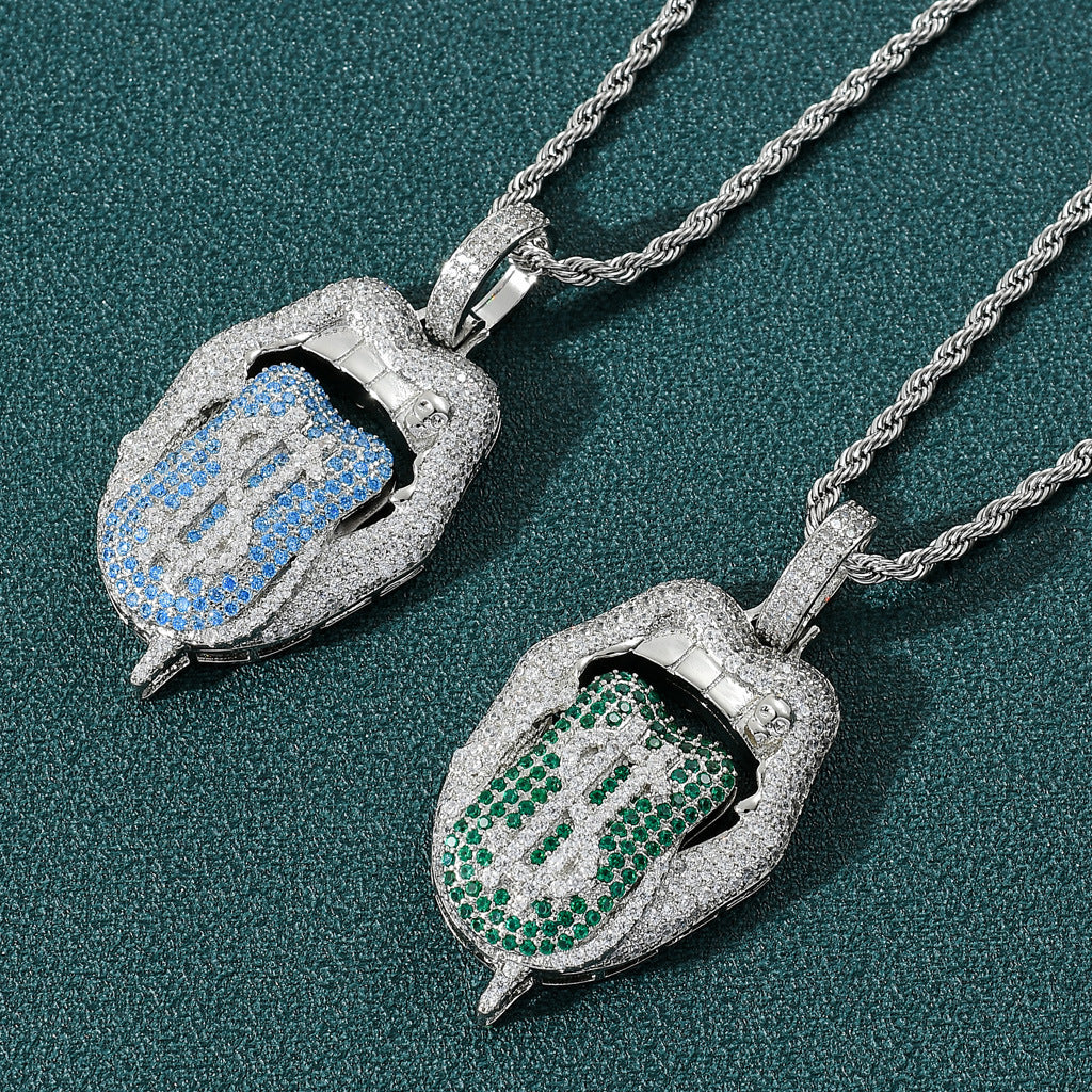 Hip Hop Skull Dollar Cubic Zirconia Pendant Necklace for Men and Women