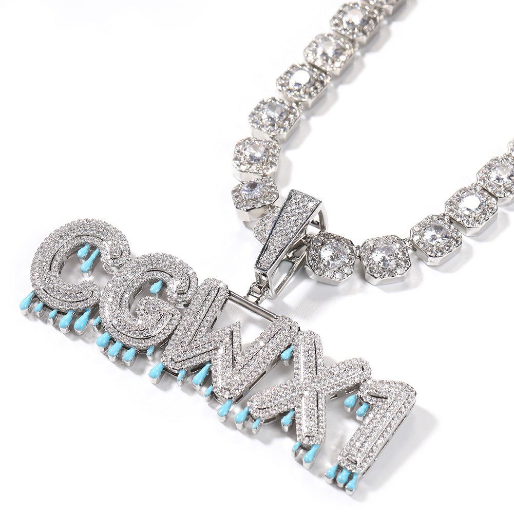 Personalized Iced Out Letter Necklace for Women - Custom English Name Pendant with Cubic Zirconia, Gold or Silver Color 24 Inch Twist Chain