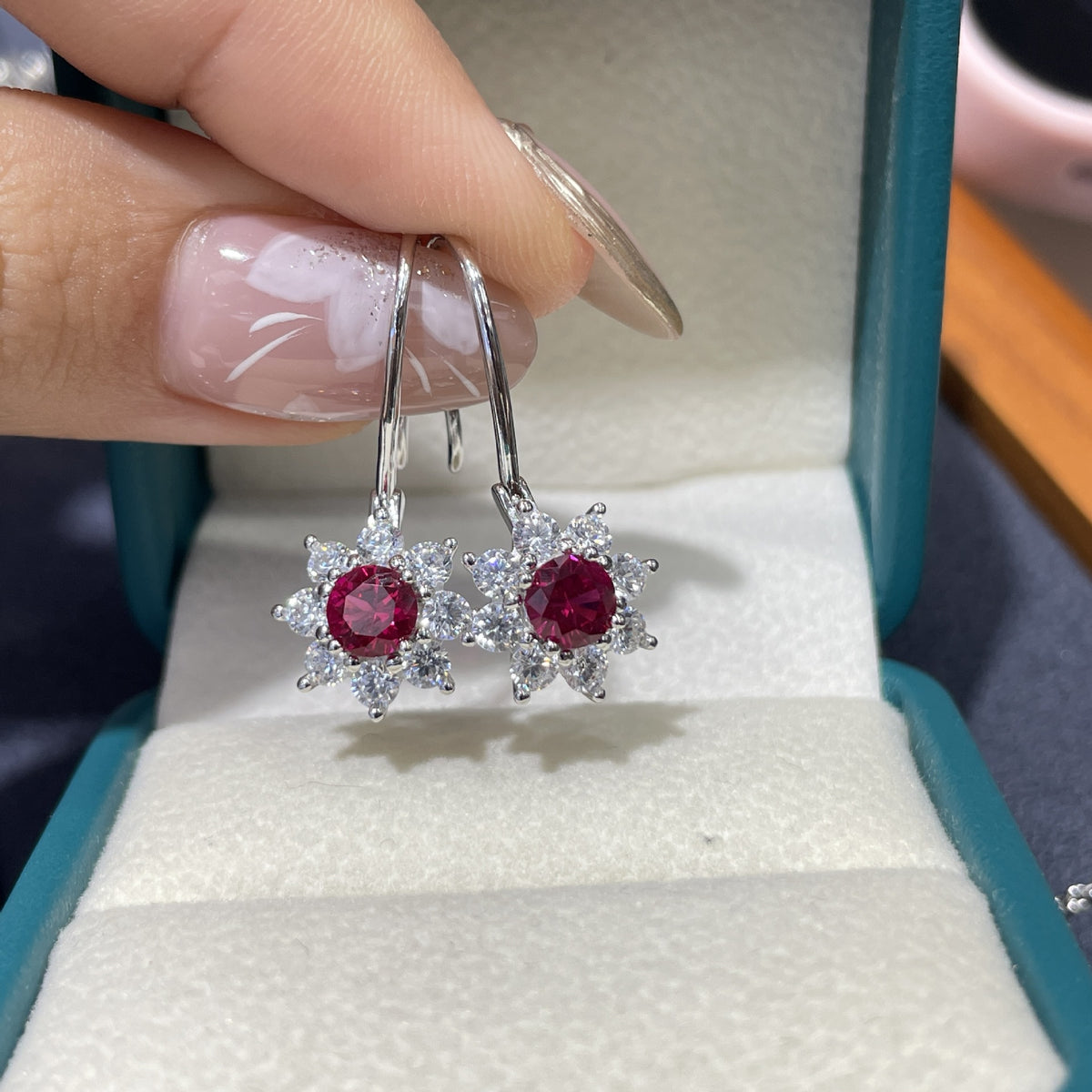 Ruby Red Crystal Floral Ring Earrings Necklace Jewelry Set product image