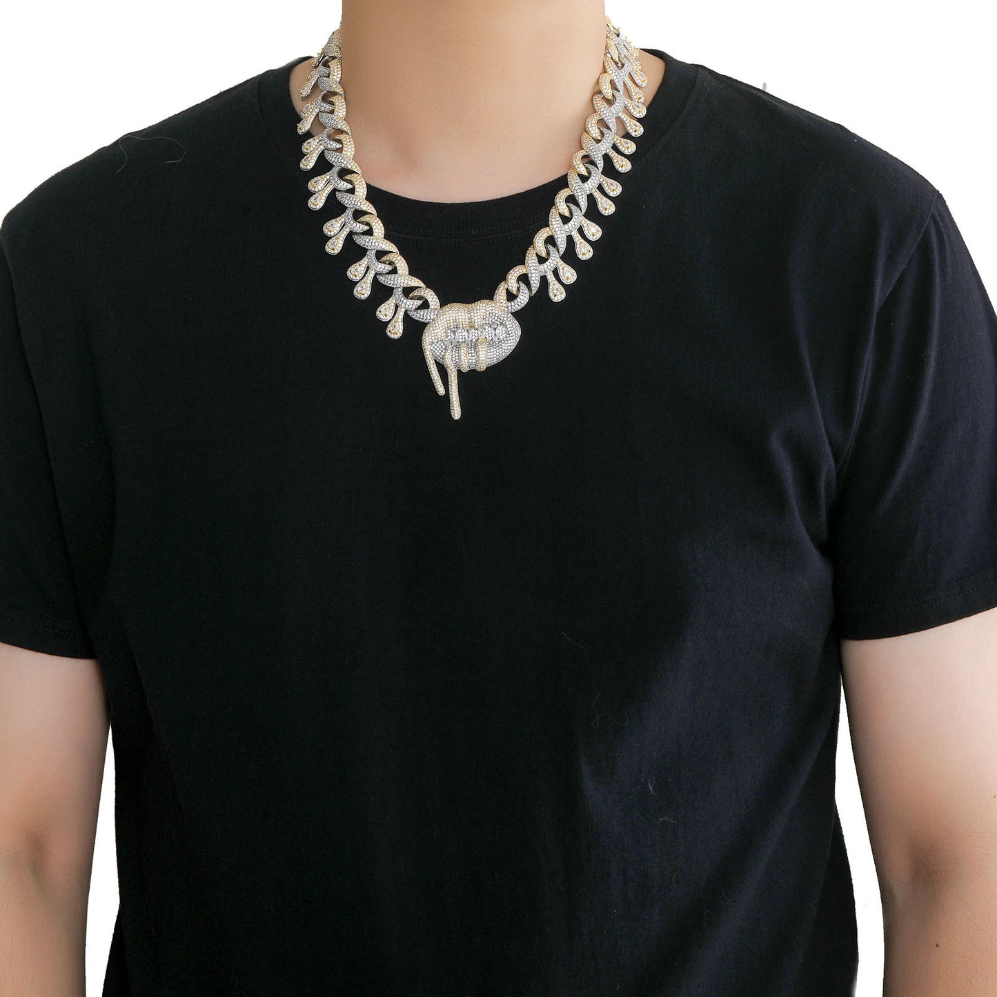 Hip Hop Teardrop Cuban Link Lip Cubic Zirconia Pendant Necklace for Men