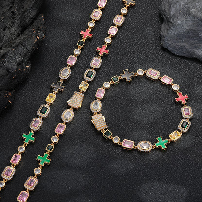 Colorful Cross Charm Link Bracelet, Geometric Gemstone Hip Hop Style
