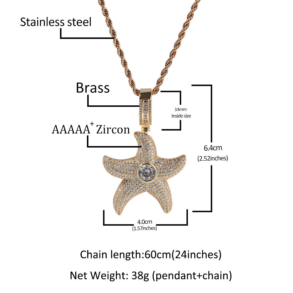 Iced Starfish Pendant Necklace with Twist Chain for Women & Men - Gold, Silver, Rose Gold Hip Hop Statement Jewelry