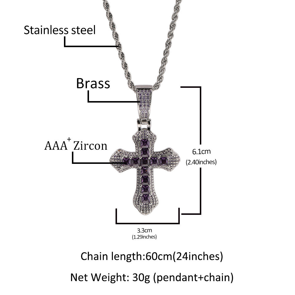 Silver-Tone Cross Pendant Necklace with Cubic Zirconia, 24 Inch Twisted Chain for Women
