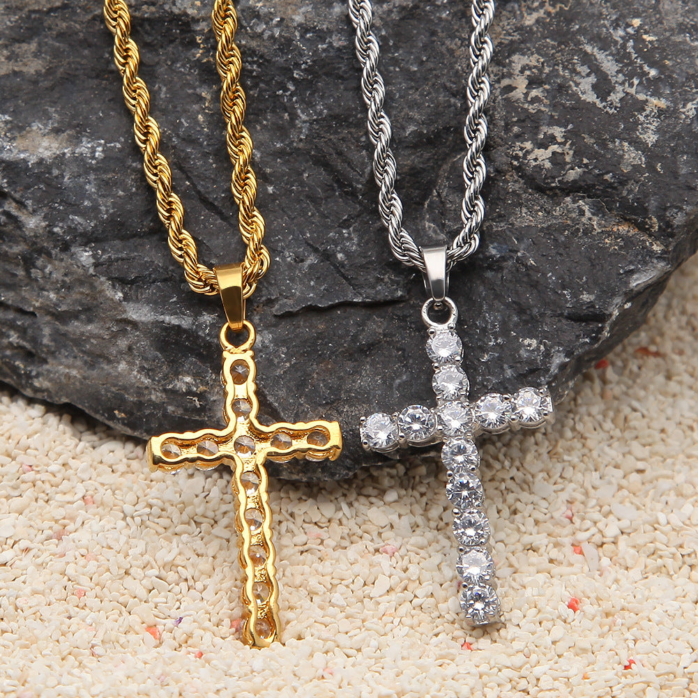 Iced Cross Pendant Necklace for Women & Men - Stainless Steel Rope Chain, Gold Plated or Silver Plated Statement Chain Jewelry