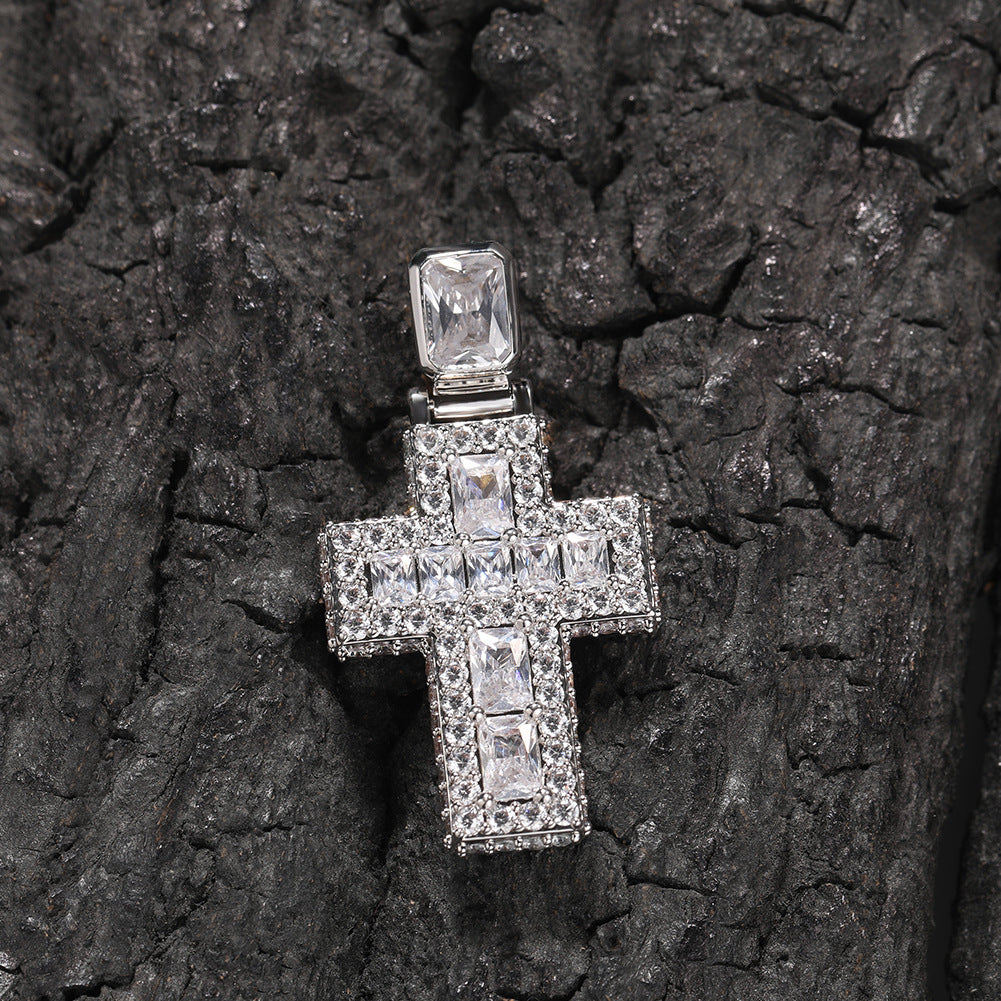 Iced Cross Pendant Necklace for Women and Men, Cubic Zirconia Copper Pendant with 24 Inch Twisted Chain, Gold Plated or Silver Plated Statement Necklace