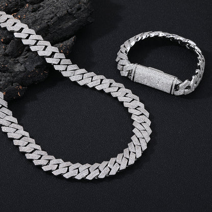 Iced Out Cuban Link Chain Bracelet and Necklace, 15mm Cubic Zirconia Pavé Rectangular Link, Unisex Hip Hop Jewelry