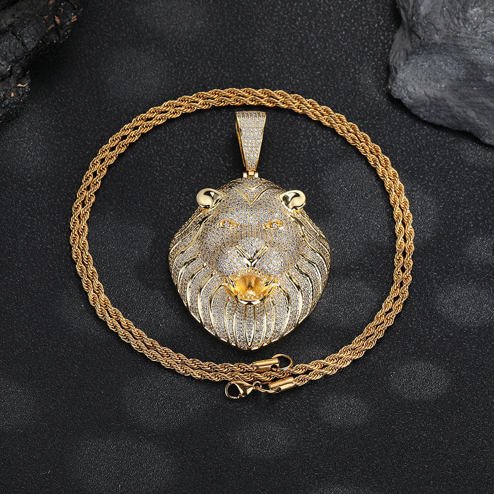 Lion Head Pendant Necklace, Micro-Set Zircon Rope Chain Hip Hop Jewelry