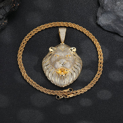Lion Head Pendant Necklace, Micro-Set Cubic Zirconia Rope Chain Hip Hop Jewelry