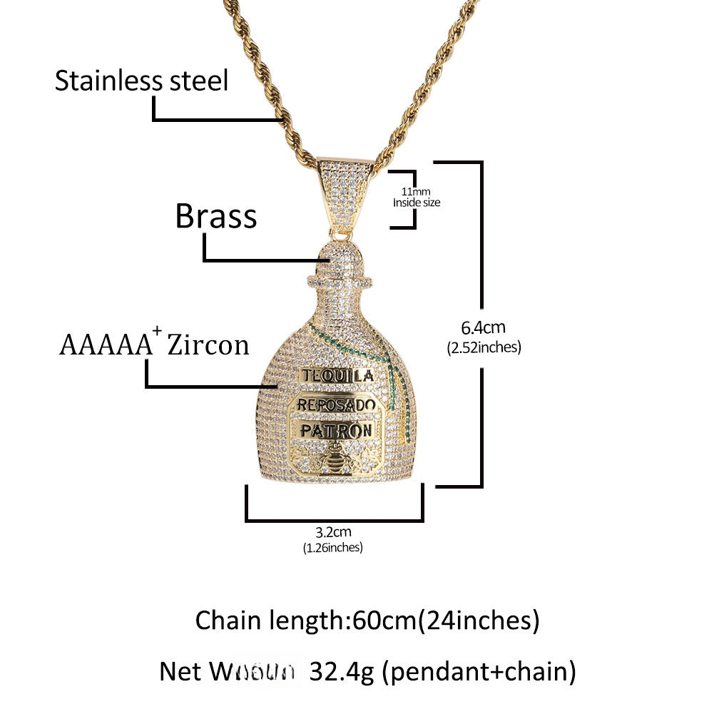 Unisex Iced Bottle Pendant Necklace with Cubic Zirconia Twisted Chain, Gold Plated or Silver Plated Statement Jewelry product image