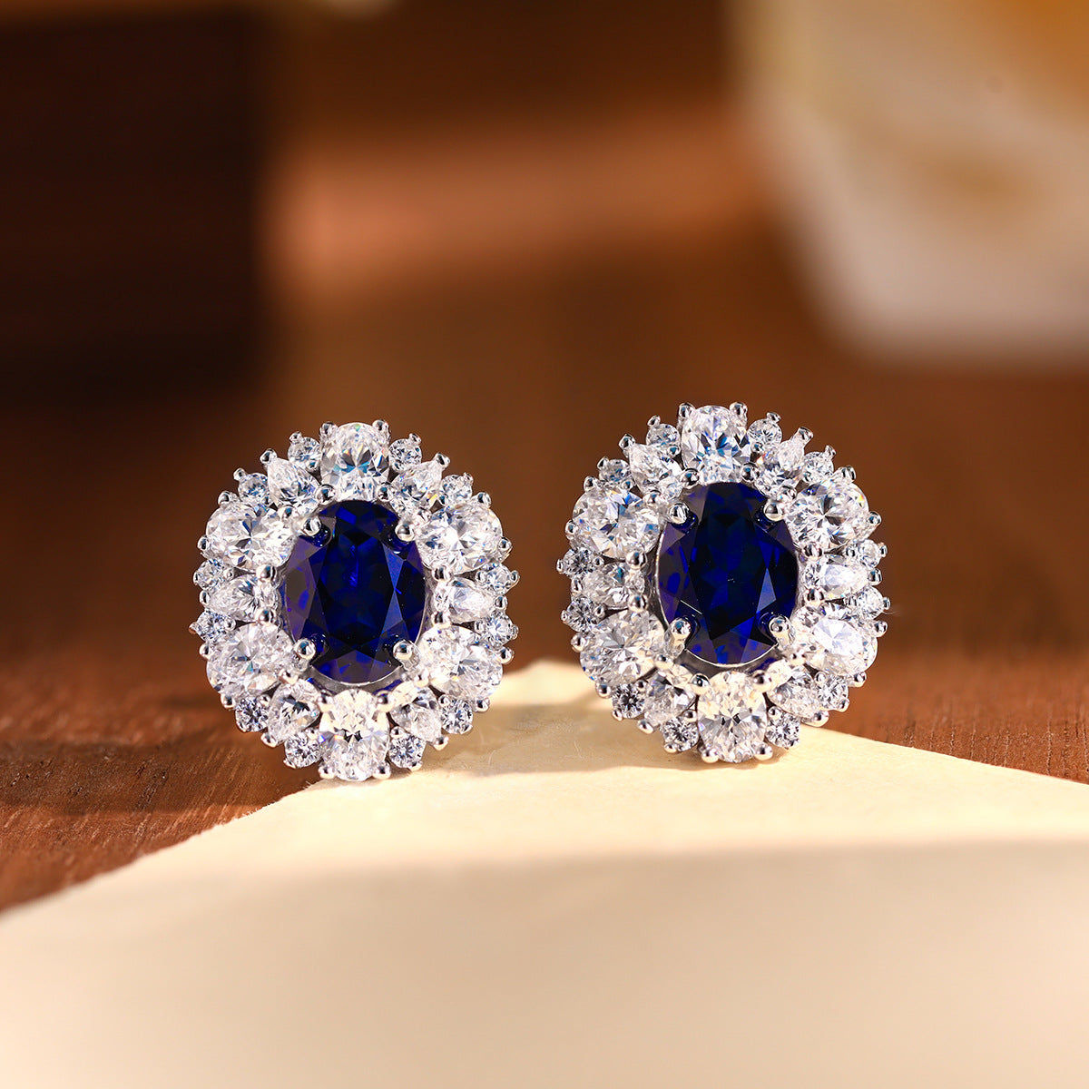Blue Sapphire Oval Halo Jewelry Set, Necklace Earrings Ring, Silver-Tone product image