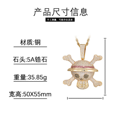 Hip Hop Skull Pendant Necklace with Zircon Rope Chain