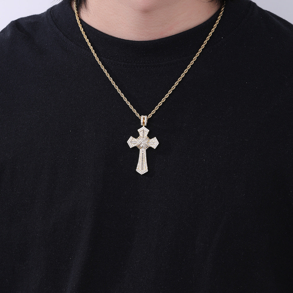Cross Pendant Rope Chain Necklace, Zircon Inlay, Unisex Street Style