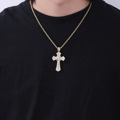Cross Pendant Rope Chain Necklace, Cubic Zirconia Inlay, Unisex Street Style